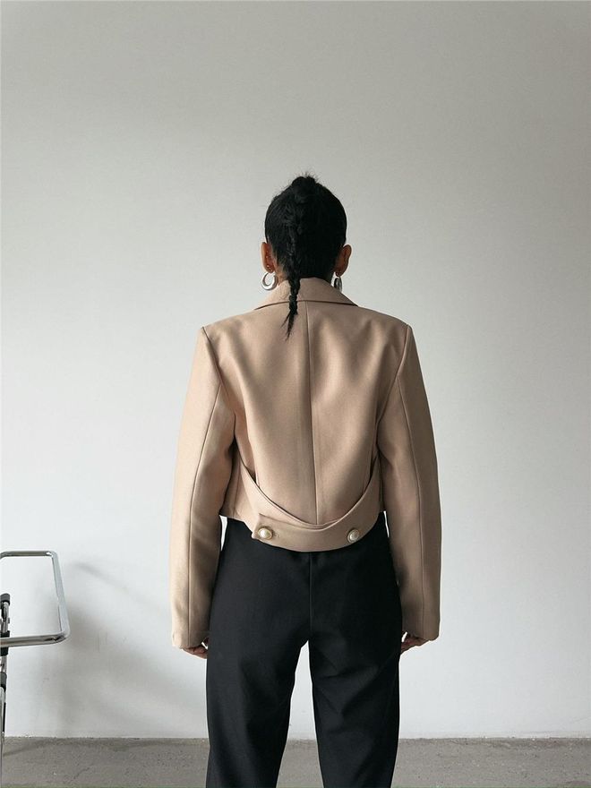 Ello Crop Jacket With Pearl Button Detail On Back Beige Wholesale Clothing 13