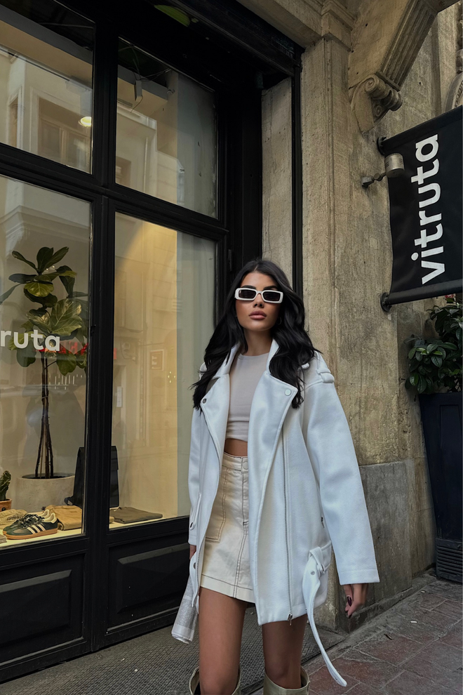 Ello Oversize Kaşe Mont Beyaz Toptan Giyim Gündelik