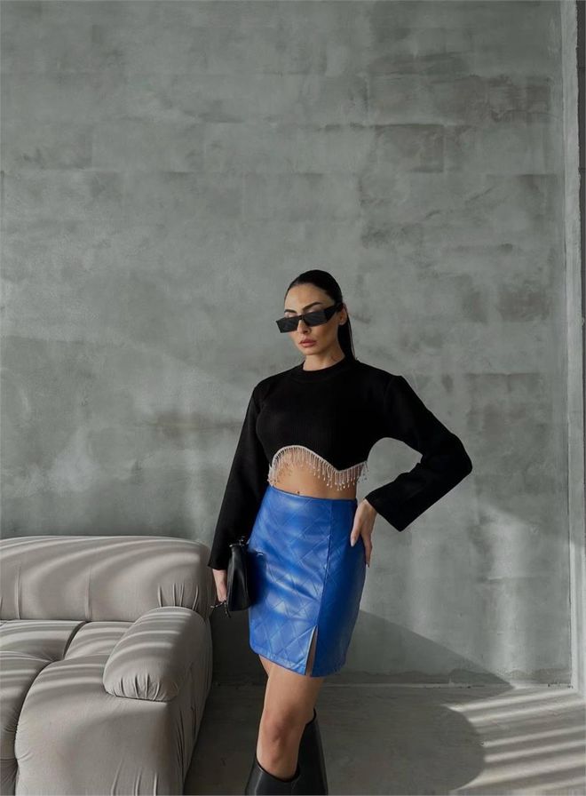 Ello Gesteppter Lederrock Saks Blue Großhandelskleidung Elegant