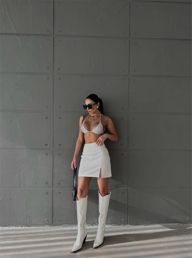 Ello Quilted Leather Skirt White Wholesale Clothing Elegant