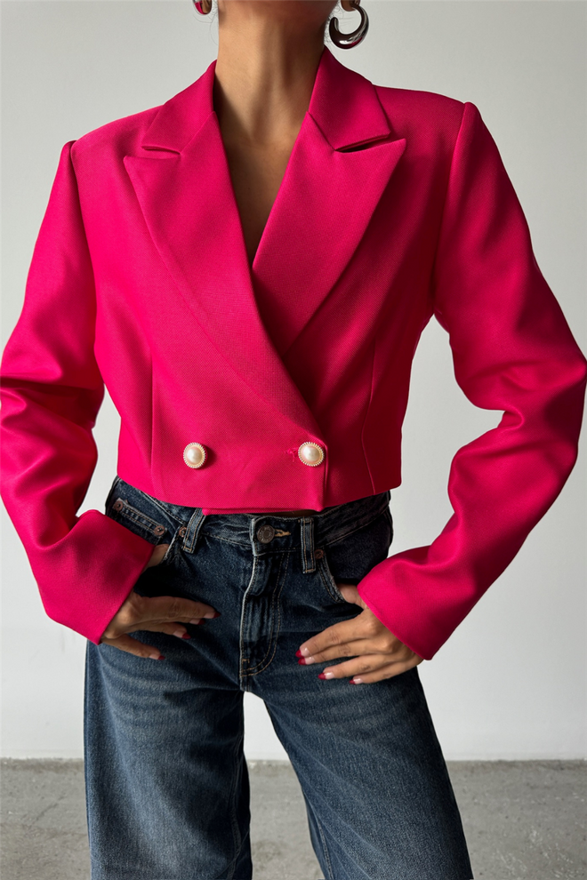 Ello Pearl Button Detailed Crop Jacket Fuchsia Wholesale Clothing Winter