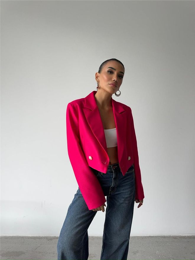 Ello Pearl Button Detailed Crop Jacket Fuchsia Wholesale Clothing 12