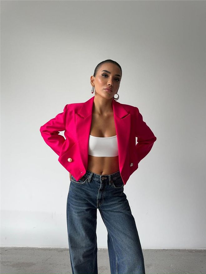 Ello Pearl Button Detailed Crop Jacket Fuchsia Wholesale Clothing 9