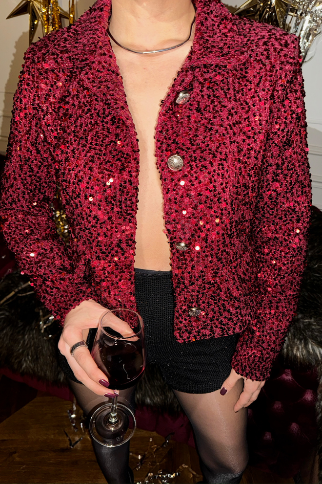 Ello Sequin Button Detailed Crop Jacket Claret Red Wholesale Clothing No Fabric