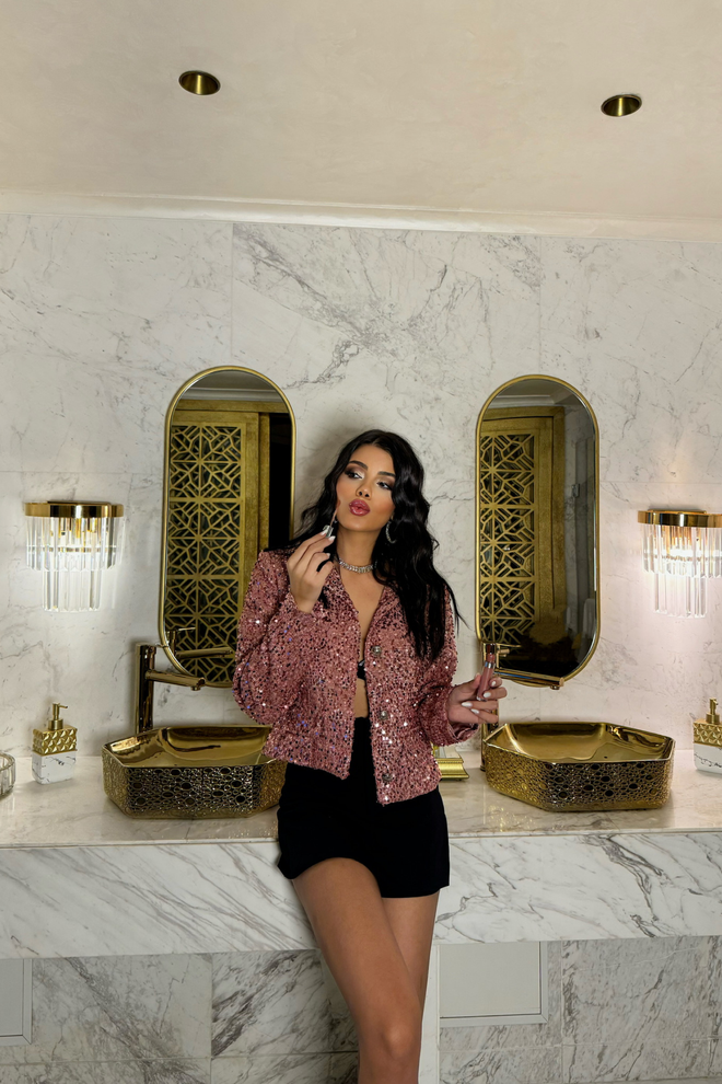 Ello Sequin Button Detailed Crop Jacket Powder Wholesale Clothing 2