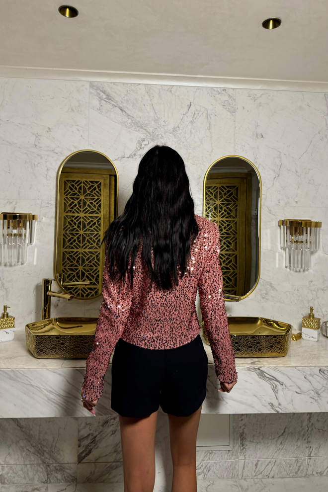 Ello Sequin Button Detailed Crop Jacket Powder Wholesale Clothing 4