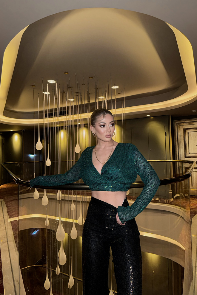 Ello Sequined Double Breasted Crop Emerald Χονδρικό εμπόριο ενδυμάτων Glam