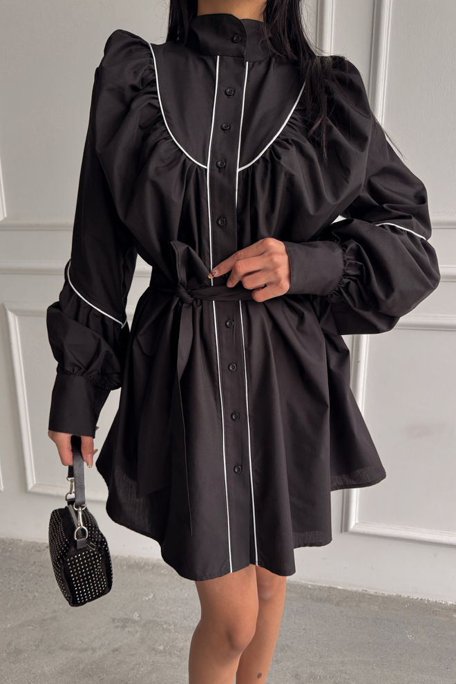 Ello Front Buttoned Poplin Flared Dress Lacing Belt Detailed Wholesale Clothing Cotton