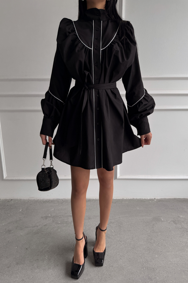 Ello Front Buttoned Poplin Flared Dress Lacing Belt Detailed Wholesale Clothing Polyester