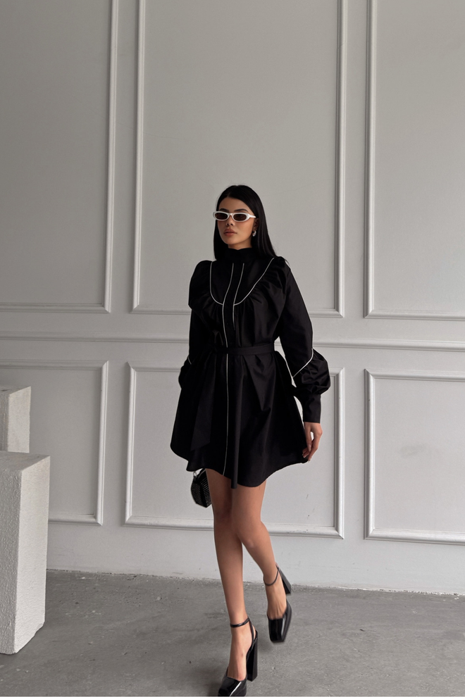 Ello Front Buttoned Poplin Flared Dress Lacing Belt Detailed Wholesale Clothing Casual