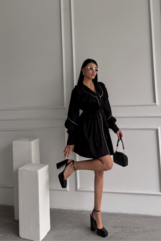 Ello Front Buttoned Poplin Flared Dress Lacing Belt Detailed Wholesale Clothing 4