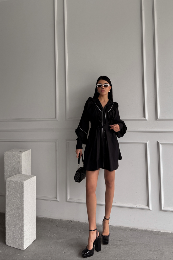 Ello Front Buttoned Poplin Flared Dress Lacing Belt Detailed Wholesale Clothing Fall