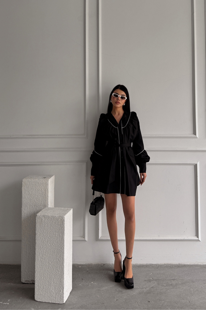 Ello Front Buttoned Poplin Flared Dress Lacing Belt Detailed Wholesale Clothing Birthday