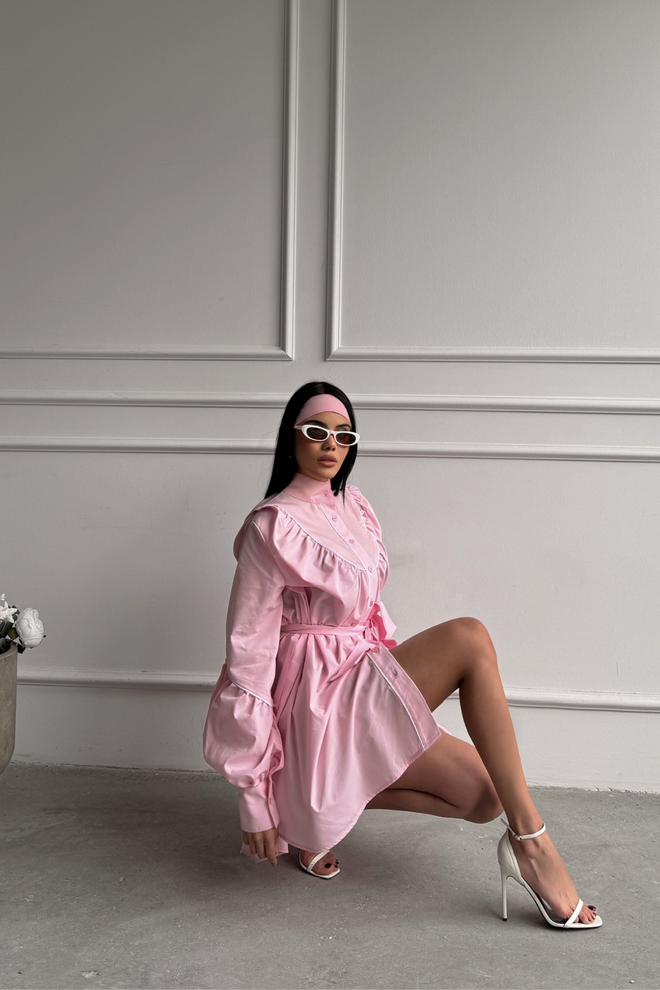 Ello Front Buttoned Poplin Flared Dress Lacing Belt Detailed Wholesale Clothing Polyester