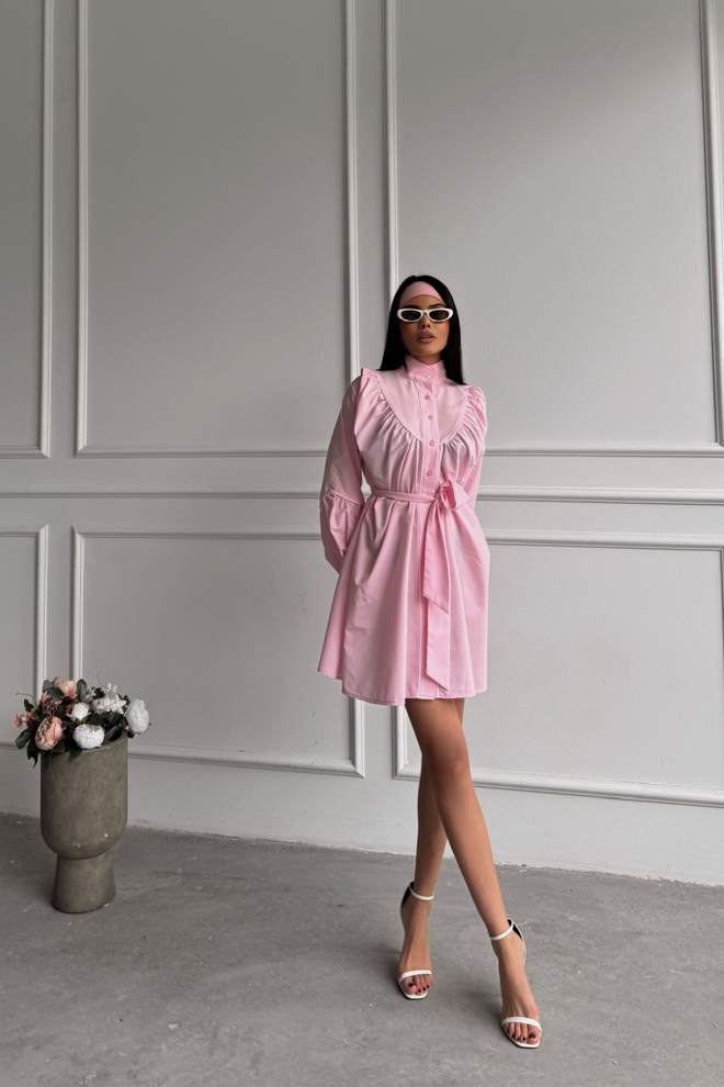 Ello Front Buttoned Poplin Flared Dress Lacing Belt Detailed Wholesale Clothing 4