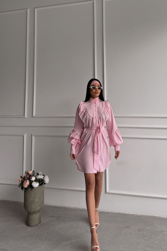 Ello Front Buttoned Poplin Flared Dress Lacing Belt Detailed Wholesale Clothing Birthday