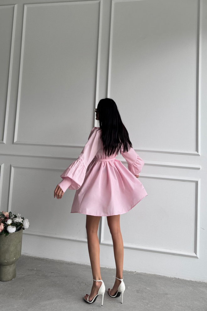 Ello Front Buttoned Poplin Flared Dress Lacing Belt Detailed Wholesale Clothing 8