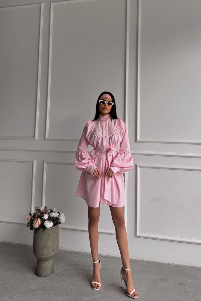 Ello Front Buttoned Poplin Flared Dress Lacing Belt Detailed Wholesale Clothing Spring