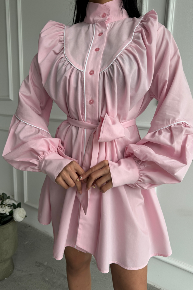 Ello Front Buttoned Poplin Flared Dress Lacing Belt Detailed Wholesale Clothing Fall