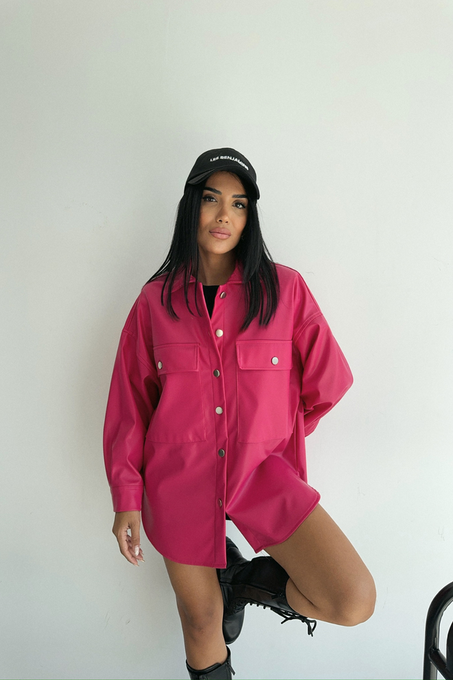 Ello Geknöpftes Lederhemd – Fuchsia Großhandelskleidung Lässig