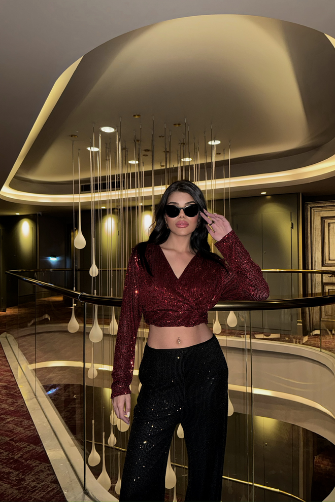 Ello Pul Payet Kruvaze Crop Bordo Toptan Giyim Işıltılı