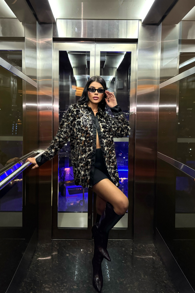 Ello Cămașă Cu Paiete Cu Franjuri Leopard Neagră Îmbrăcăminte cu ridicata Glam