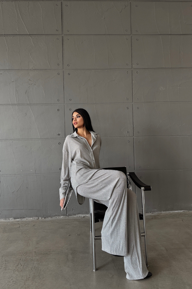 Ello Glittery Shirt Trouser Set Silver Wholesale Clothing Casual