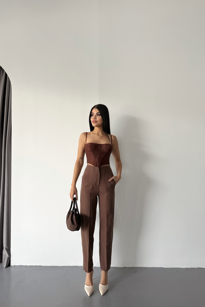 Ello Atlas Fabric Darted Trousers Brown Wholesale Clothing Formal