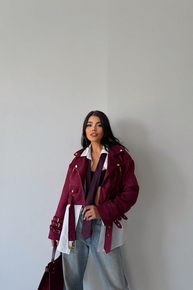 Ello Weinrote Crop Jacke Mit Ärmeln Und Gürteldetail Großhandelskleidung Lässig