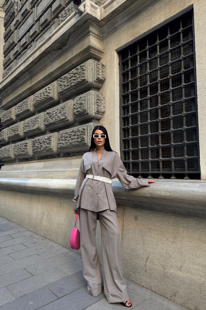ESPADA Beige Set Elegant Casual Palazzo Flap Pocket Wholesale Clothing Fall