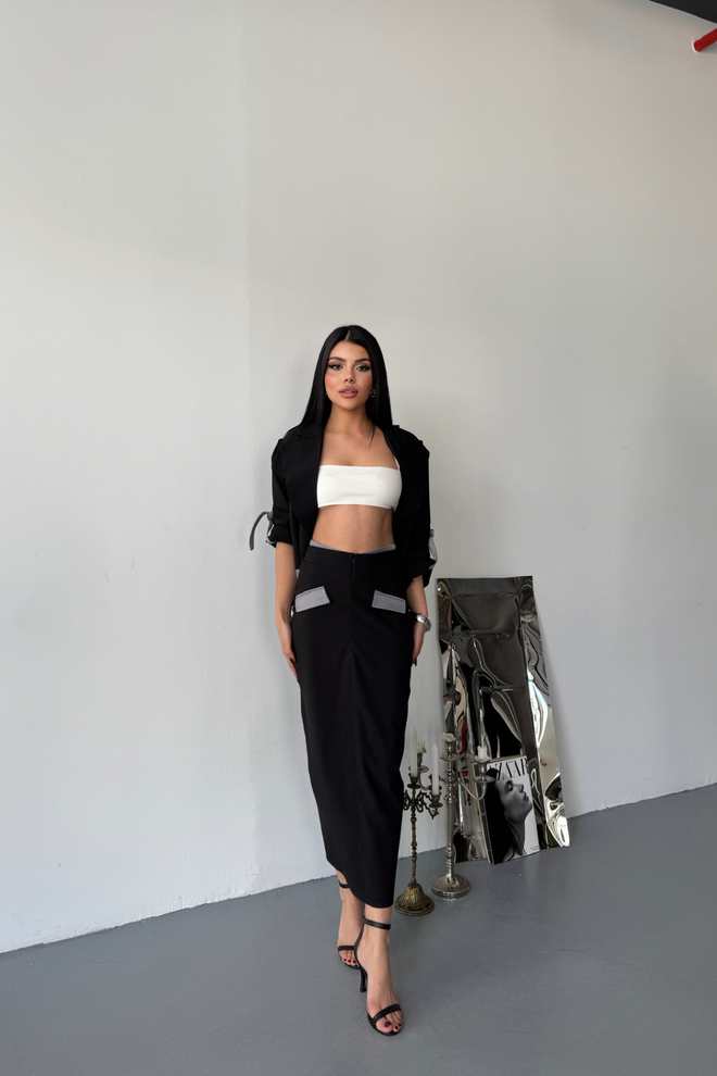 Ello Crop Jacket Rock Set Schwarz Großhandelskleidung Formal
