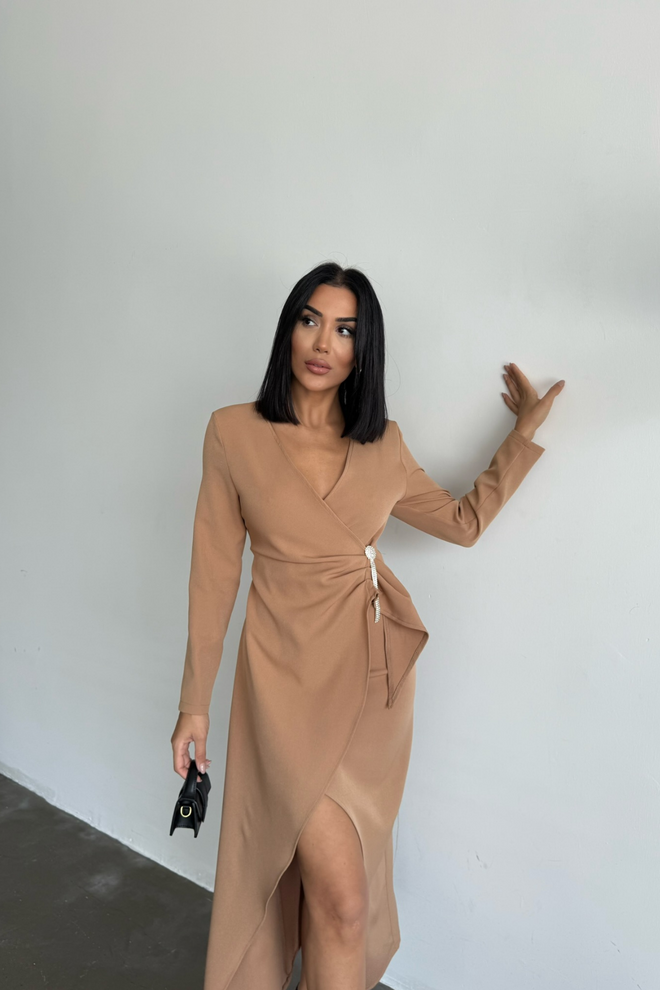 Ello Double breasted Brooch Detailed Dress Wholesale Clothing Polyester