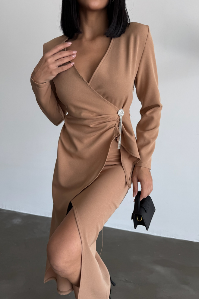 Ello Double breasted Brooch Detailed Dress Wholesale Clothing Formal