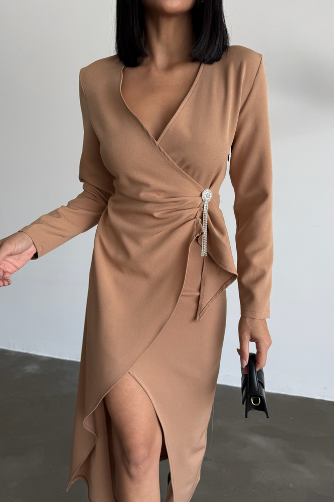 Ello Double breasted Brooch Detailed Dress Wholesale Clothing Cotton