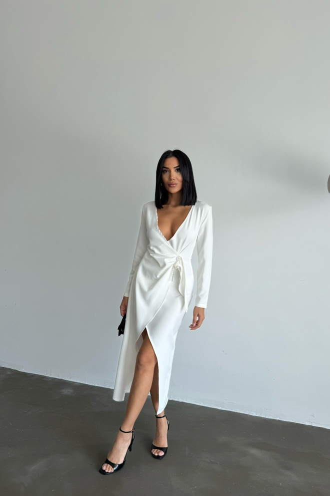 Ello Double breasted Brooch Detailed Dress Wholesale Clothing Elegant