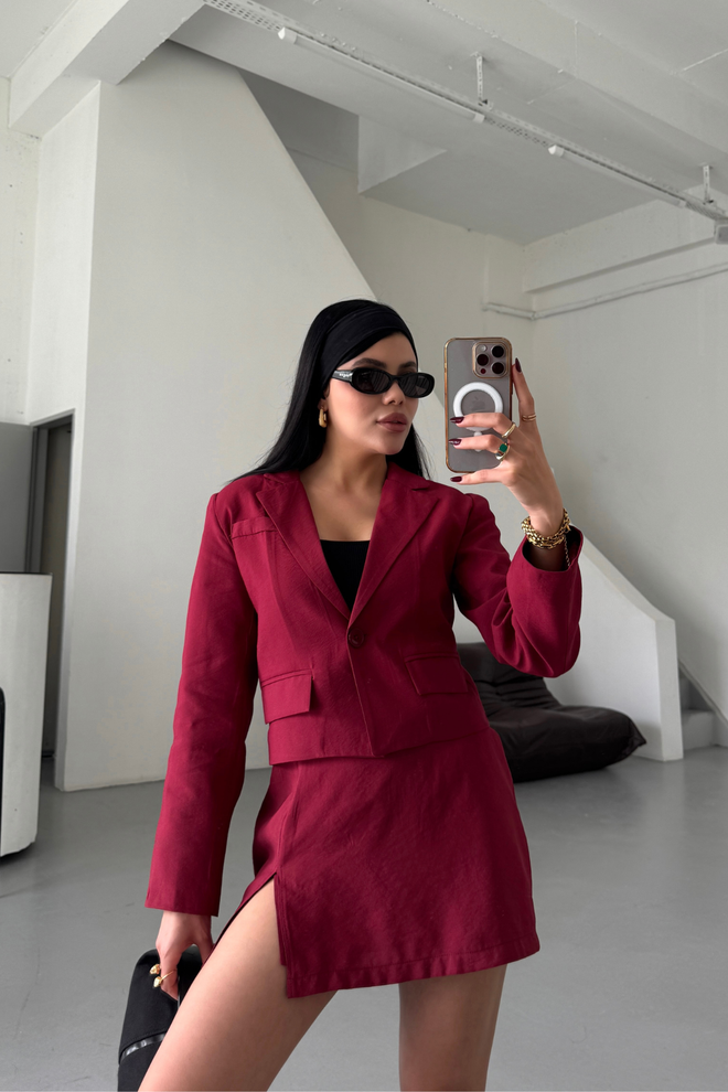 Ello Σετ Κοντής Φούστας Crop Jacket Μπορντό Χονδρικό εμπόριο ενδυμάτων Κομψό