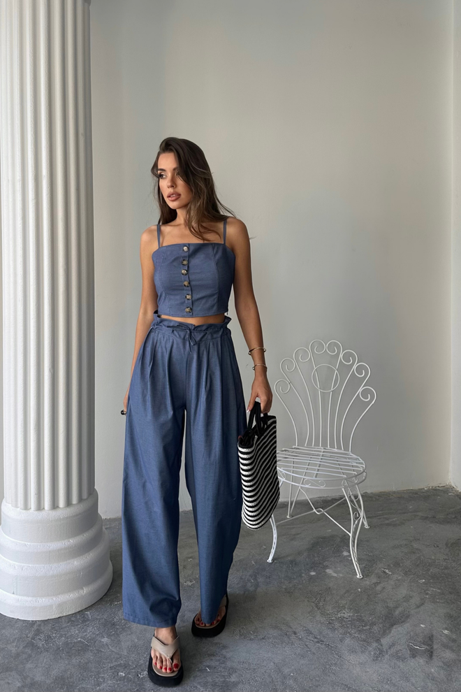 Ello Crop Bluse Aus Tencel Mit Riemen Shalvar Pants Tk Großhandelskleidung Lässig