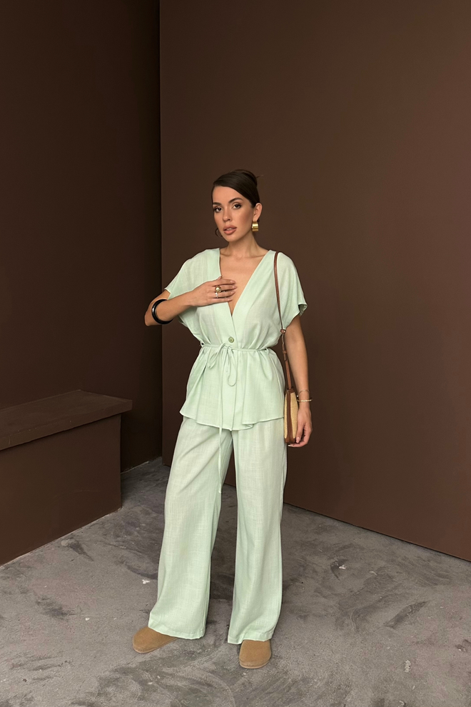 Ello Conjunto De Blusa Y Pantalones De Lino Con Cuello En V Y Cintura Anudada Ropa al por mayor Casual