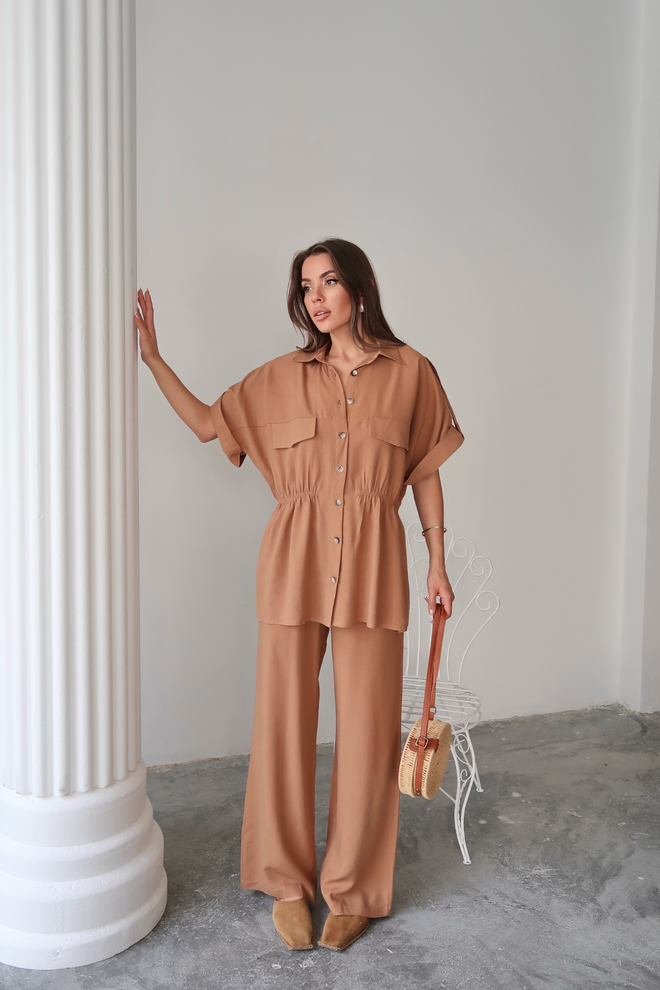 Ello Linen Waist Ruffle Detailed Shirt Pants Set Wholesale Clothing Casual
