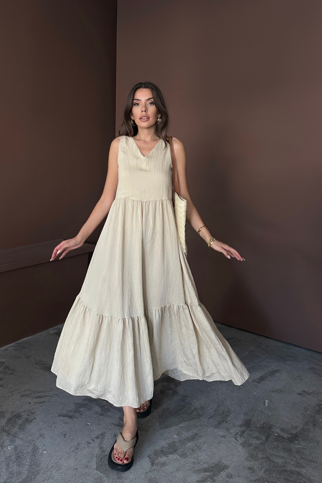 Ello Beige A Line V Neck Midi Dress With Cap Sleeves Wholesale Clothing Beach