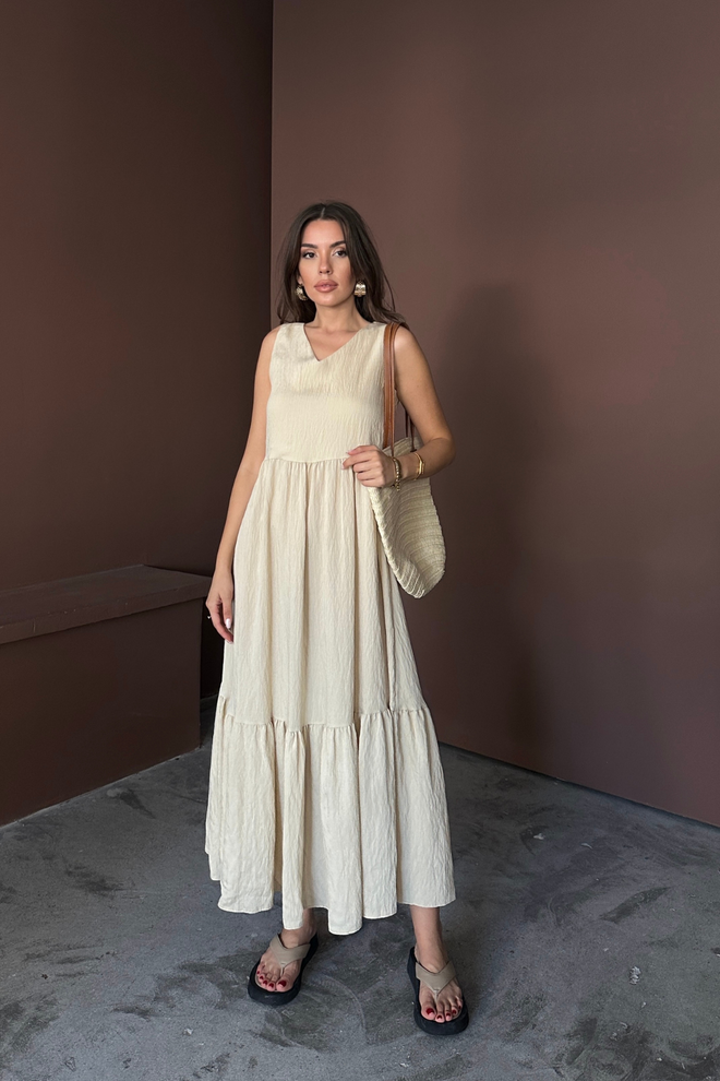 Ello Beiges A Linien Kleid Mit V Ausschnitt Midi Länge Und Kappenärmeln Großhandelskleidung Modest