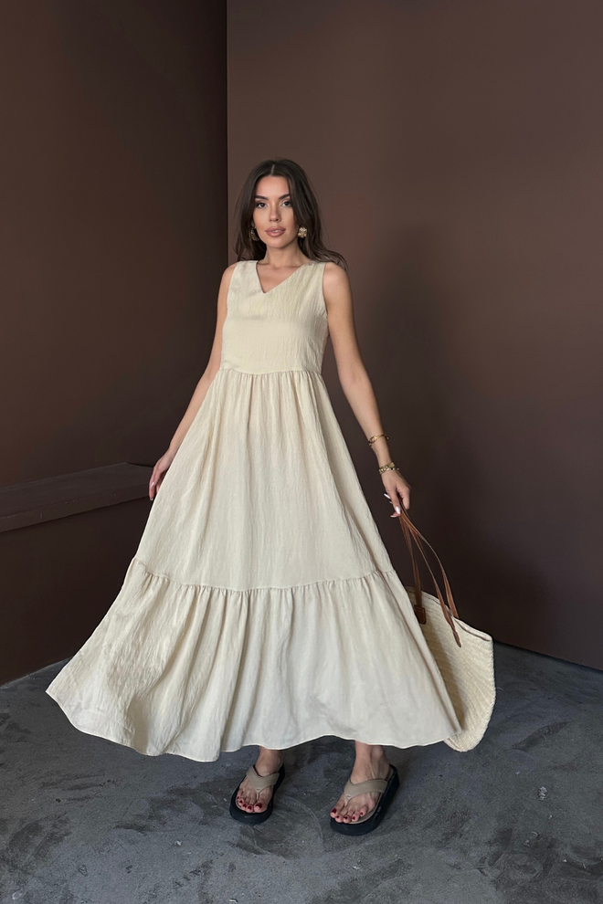 Ello Beige A Line V Neck Midi Dress With Cap Sleeves Wholesale Clothing Casual