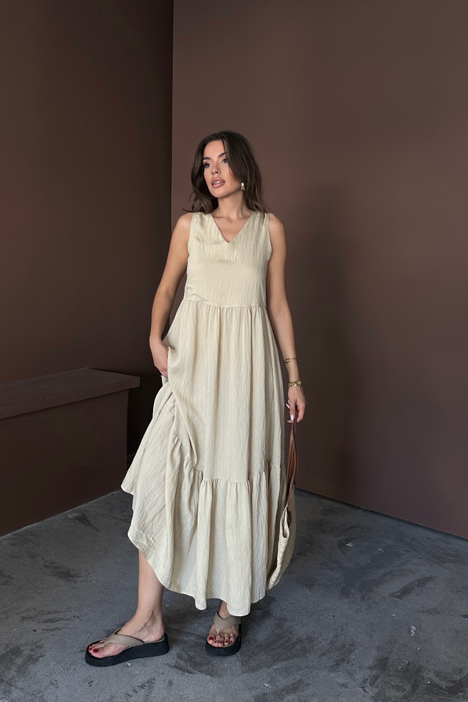 Ello Beige A Line V Neck Midi Dress With Cap Sleeves Wholesale Clothing Spring