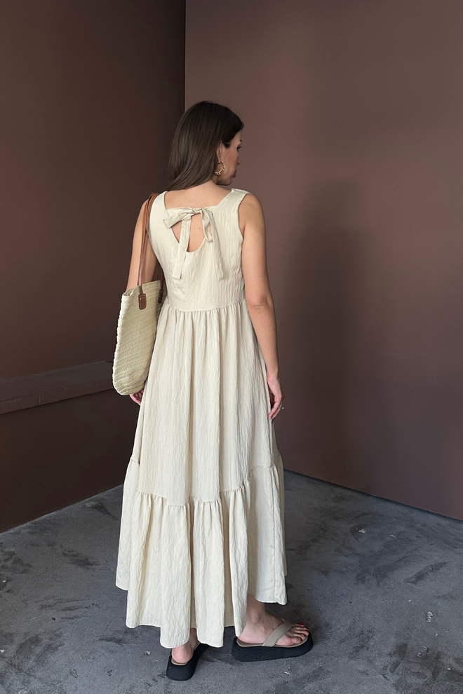 Ello Beige A Line V Neck Midi Dress With Cap Sleeves Wholesale Clothing 5