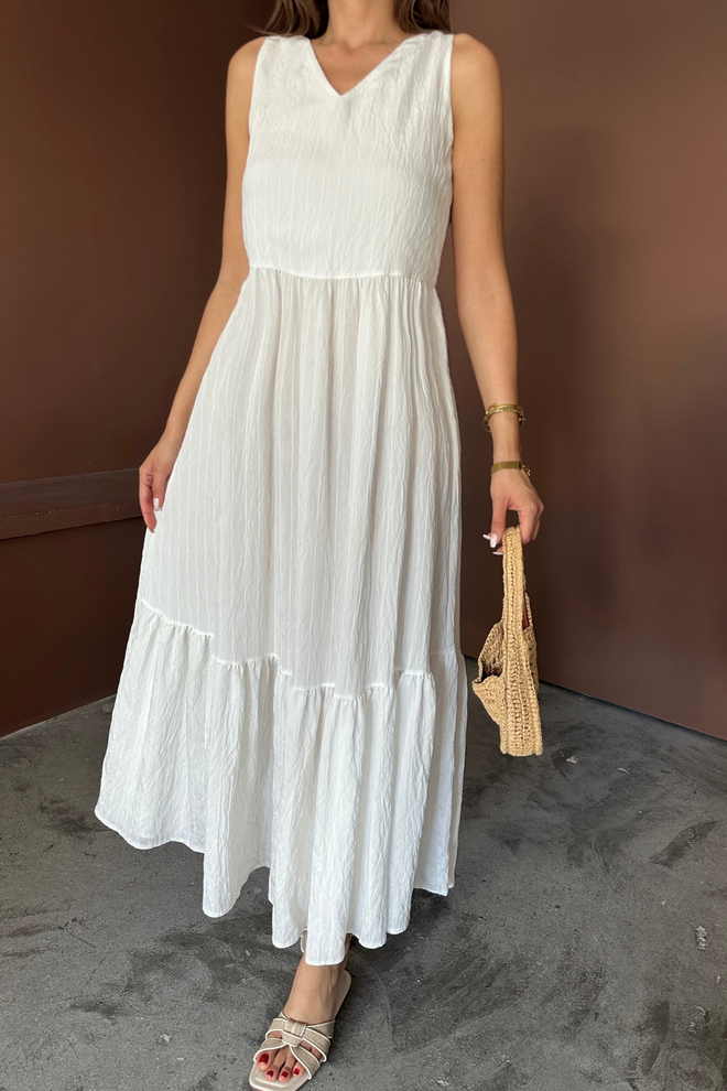 Ello Vestido Branco Boho Linha A Maxi Com Decote Em V Roupas por atacado A relaxar