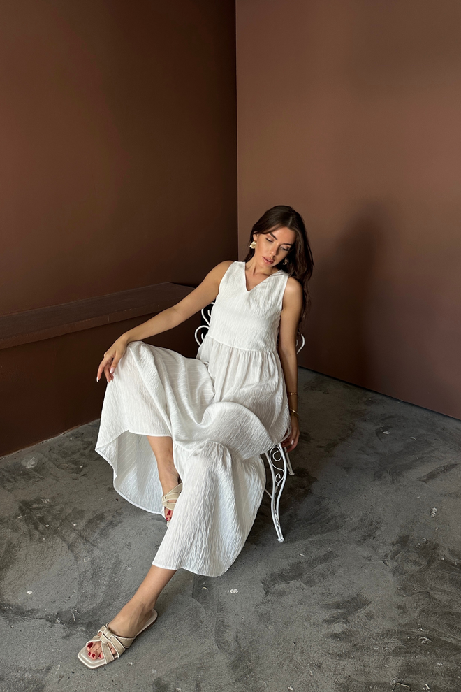 Ello Vestido Branco Boho Linha A Maxi Com Decote Em V Roupas por atacado 1