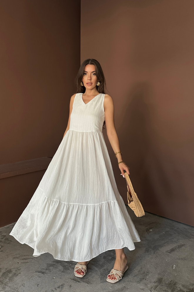 Ello Vestido Branco Boho Linha A Maxi Com Decote Em V Roupas por atacado Boho