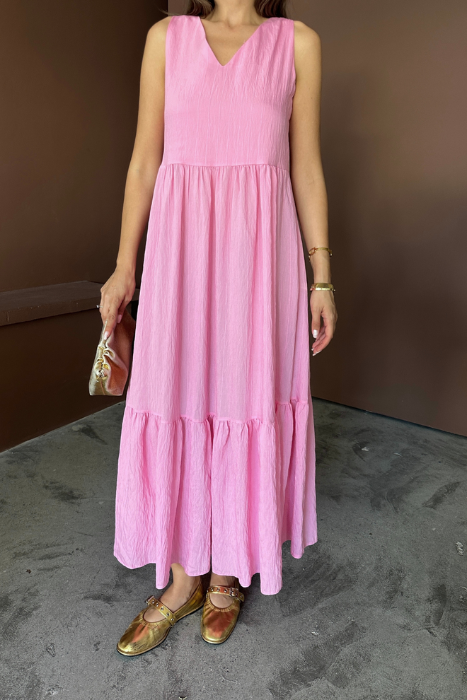 Ello Pink Dress V Neck Maxi Sleeveless A Line Casual Elegant Wholesale Clothing Lounge