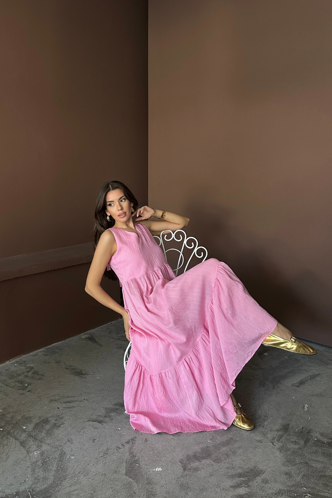 Ello Rosa Kleid V Ausschnitt Maxi Ärmellos A Linie Lässig Elegant Großhandelskleidung Lässig