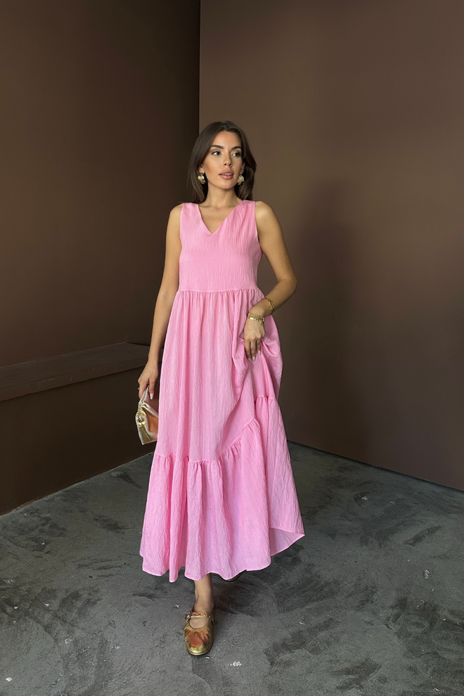 Ello Pink Dress V Neck Maxi Sleeveless A Line Casual Elegant Wholesale Clothing Spring